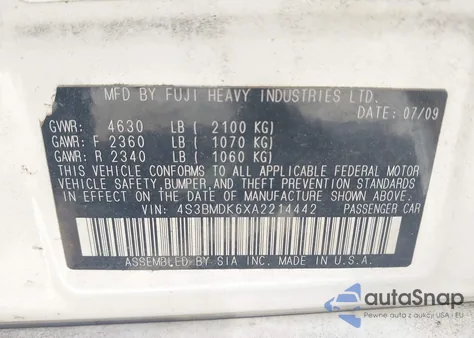 2010 Subaru Legacy 3.6R Limited z USA, uszkodzony, nr VIN 4S3BMDK6XA2214442